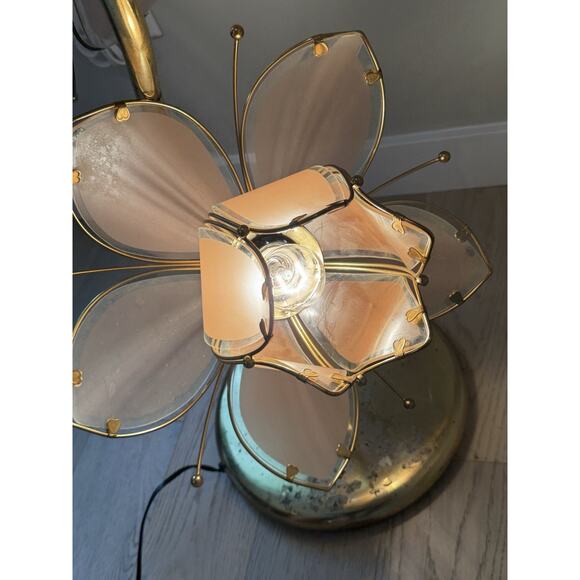 1970s Decorative Table Lamp Lotus Flower Italian Design Gold Metal Crystal RARE - Picture 11 of 13